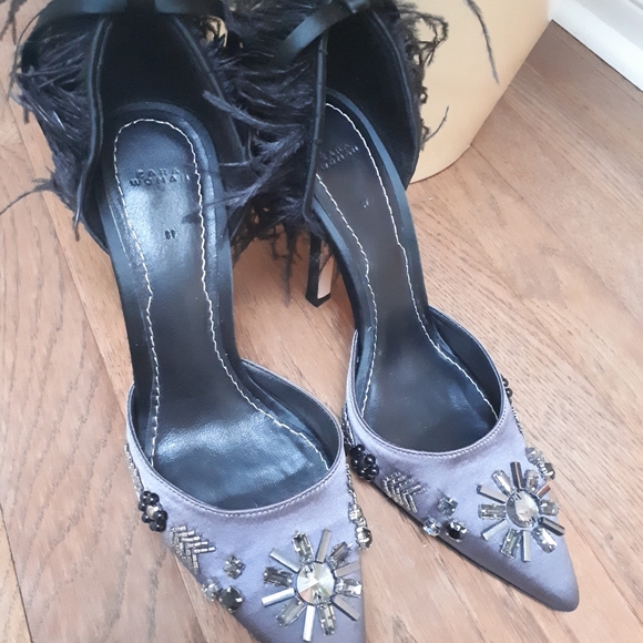 New Zara satin jewelled crystal embroidered feathered high heel shoes - Picture 3 of 6